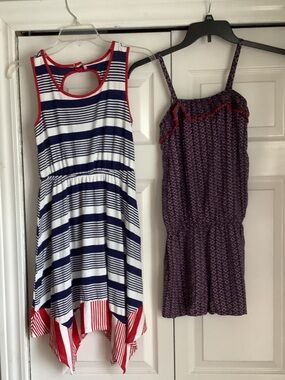 Set Girls' Navy and White Striped  Dress and Romper with Red Trim